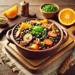 Dall·e 2024 10 25 12.39.55 A Homemade, Delicious Brazilian Feijoada Served In A Rustic Kitchen Setting. The Dish Is Presented In A Clay Pot, Showing Vibrant Colors From Black Be