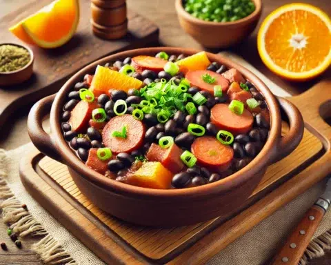 Dall·e 2024 10 25 12.39.55 A Homemade, Delicious Brazilian Feijoada Served In A Rustic Kitchen Setting. The Dish Is Presented In A Clay Pot, Showing Vibrant Colors From Black Be