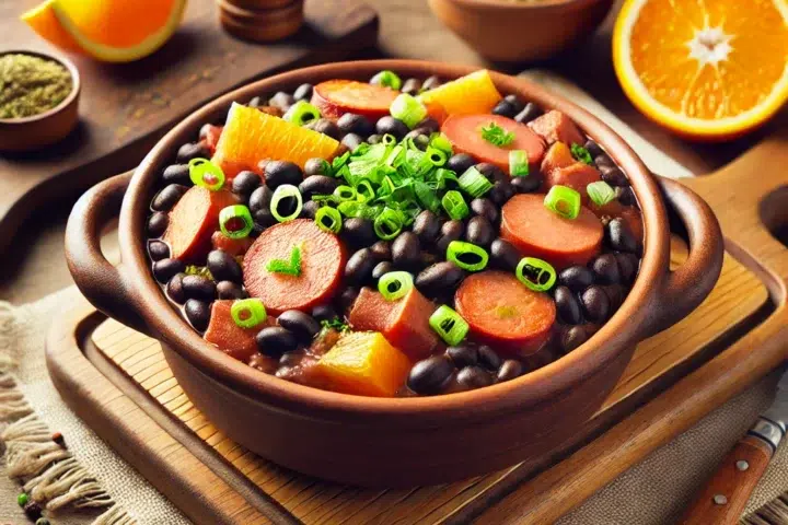 Dall·e 2024 10 25 12.39.55 A Homemade, Delicious Brazilian Feijoada Served In A Rustic Kitchen Setting. The Dish Is Presented In A Clay Pot, Showing Vibrant Colors From Black Be