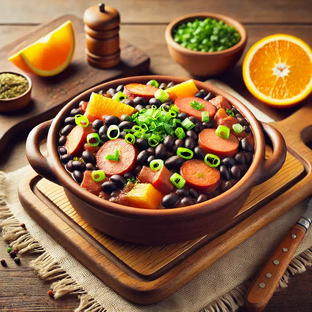 Dall·e 2024 10 25 12.39.55 A Homemade, Delicious Brazilian Feijoada Served In A Rustic Kitchen Setting. The Dish Is Presented In A Clay Pot, Showing Vibrant Colors From Black Be