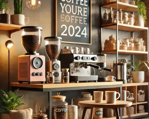 Dall·e 2024 10 26 10.15.28 A Cozy Home Coffee Corner Setup For Coffee Lovers In 2024. The Scene Includes A Small Table With A Coffee Machine, Grinder, Coffee Beans In Glass Jars