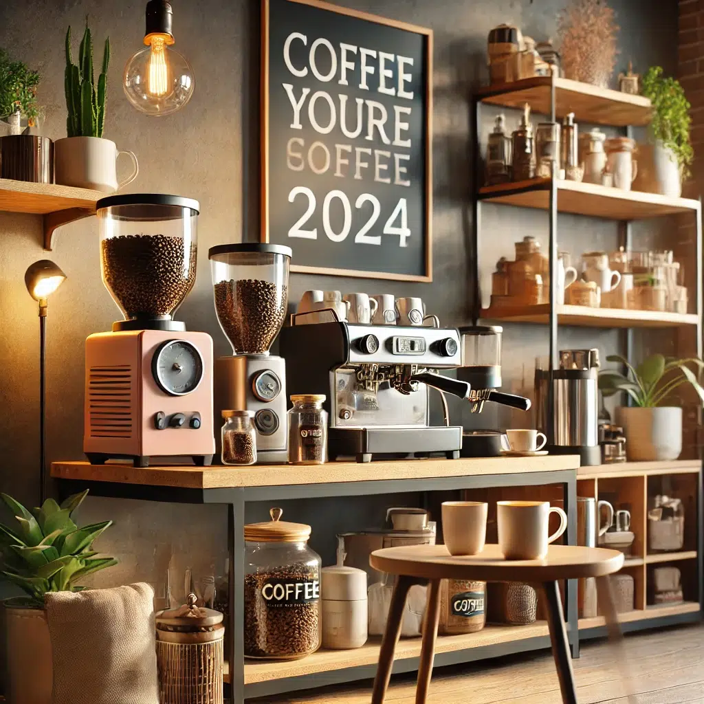 Dall·e 2024 10 26 10.15.28 A Cozy Home Coffee Corner Setup For Coffee Lovers In 2024. The Scene Includes A Small Table With A Coffee Machine, Grinder, Coffee Beans In Glass Jars